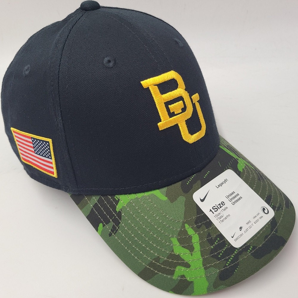 Baylor Bears Hat Strapback Nike Black Green Camo NCAA USA American Flag Military